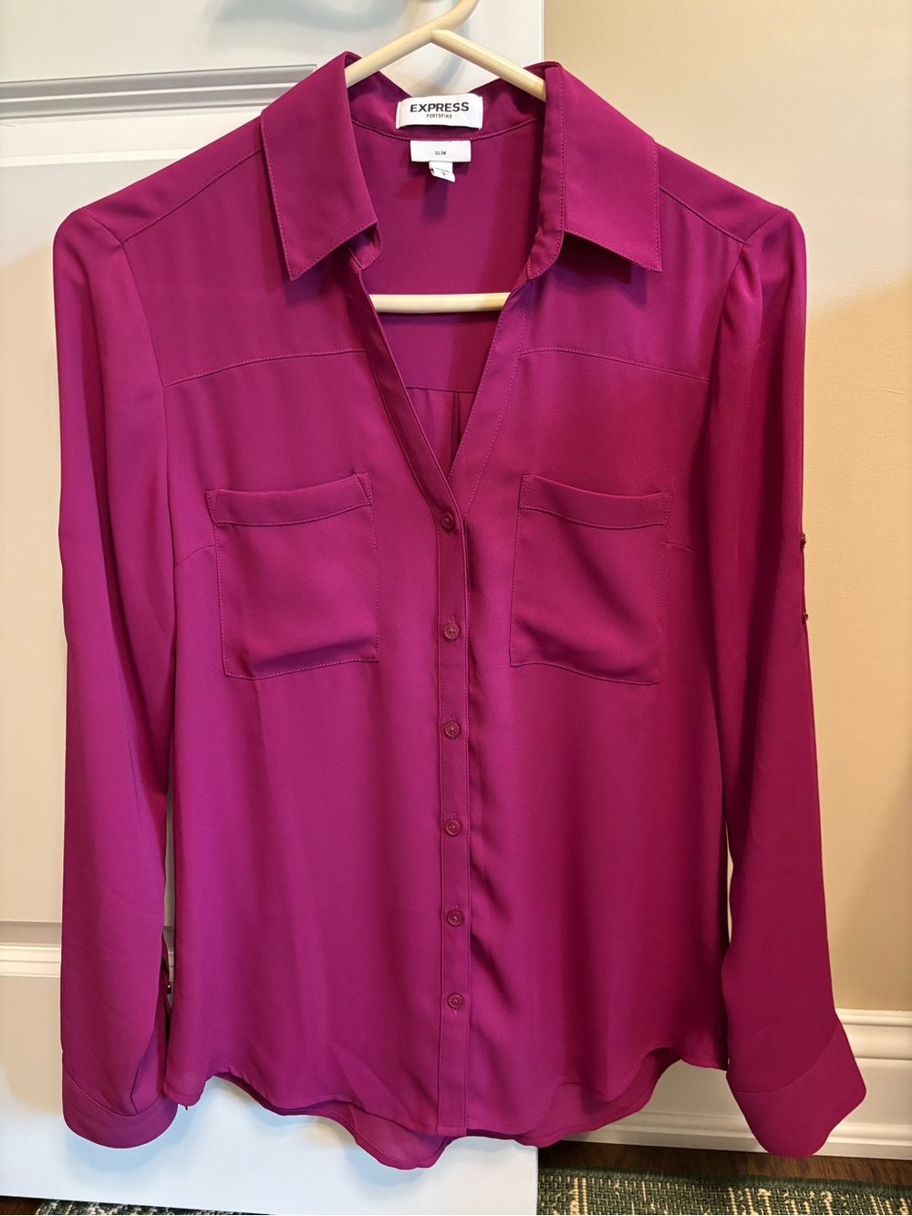 Express Fuchsia Portofino Button-Front Long Sleeve Blouse